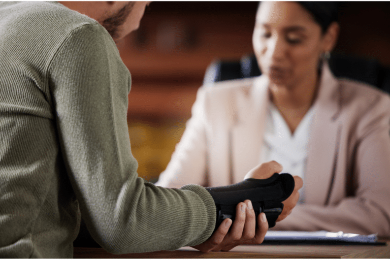 man injured in the hand speaking to a woman over the table