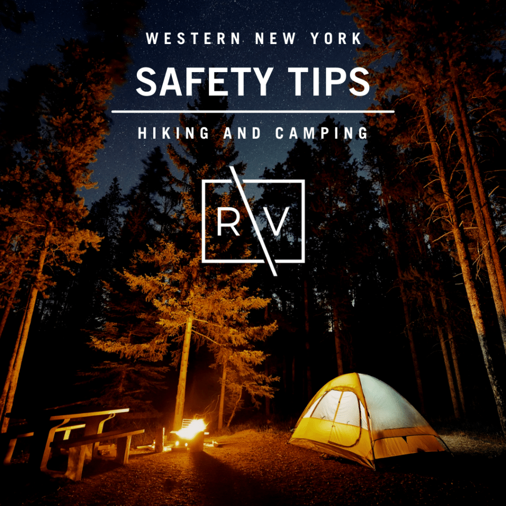 Western NY Hiking and Camping Safety Tips with R:V logo with yellow tent and campfire burning in the woods