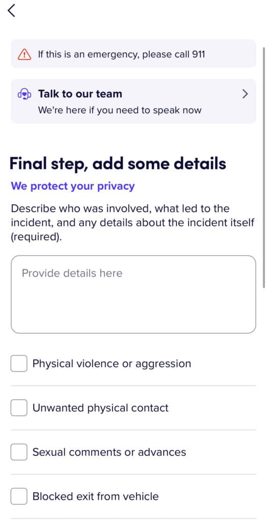 Screenshot of where to report a safety incident in the Lyft App