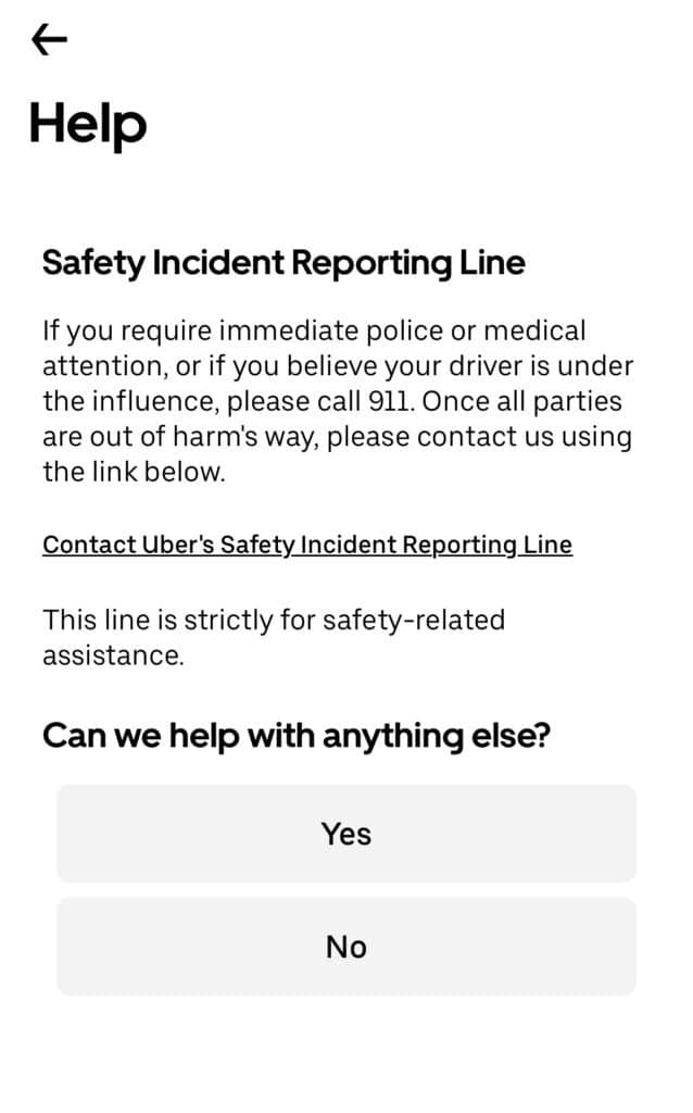 Screenshot of an Uber Safety Incident Reporting Line