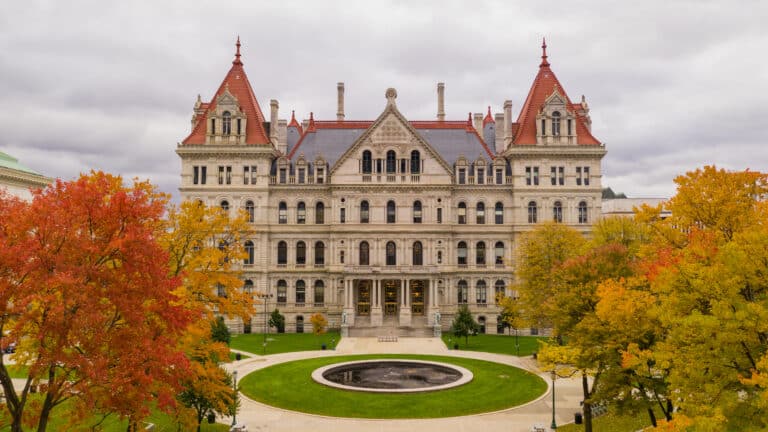 Its a crisp cold day in Albany New York downtown at the statehouse in the aerial view